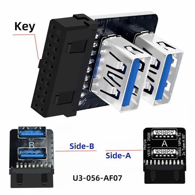 Alt view image 2 of 7 - USB3.0 Motherboard 19/20pin Box Header Slot to 10Gbps Dual USB 3.0 Type-A Adapter Reverse Angled Vertical Type