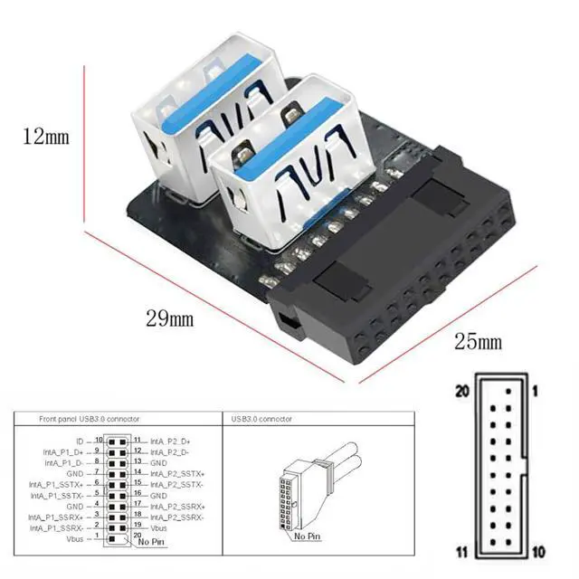 Alt view image 3 of 7 - USB3.0 Motherboard 19/20pin Box Header Slot to 10Gbps Dual USB 3.0 Type-A Adapter Reverse Angled Vertical Type