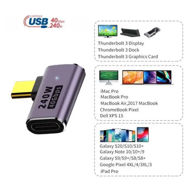 Alt view image 5 of 7 - USB4 Type C Male to Female 240W Power 40Gbps Data 8K Video Adapter Left Right Angled for NS Phone Laptop