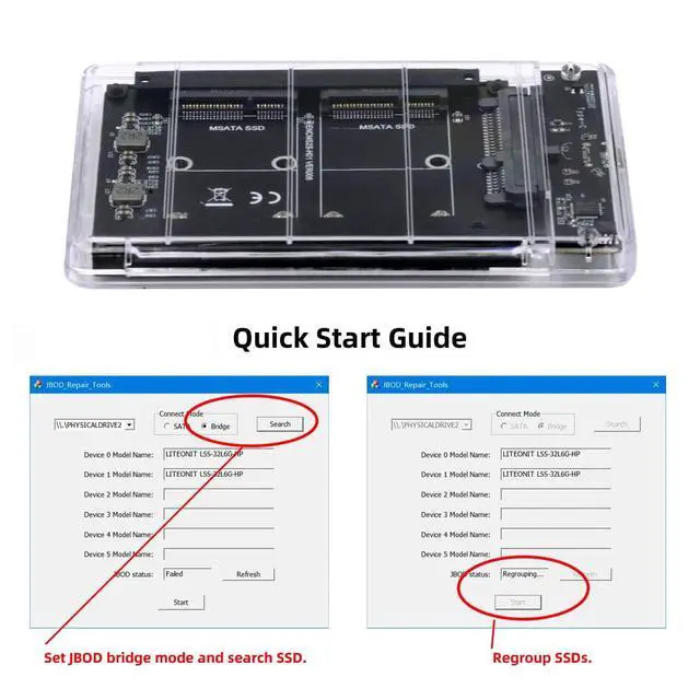 Alt view image 4 of 7 - Dual MSATA Mini-SATA SSD Card JOBD Raid0 Span Bridge to USB3.0 Type-C USB-C 2.5inch SATA Combo Enclosure