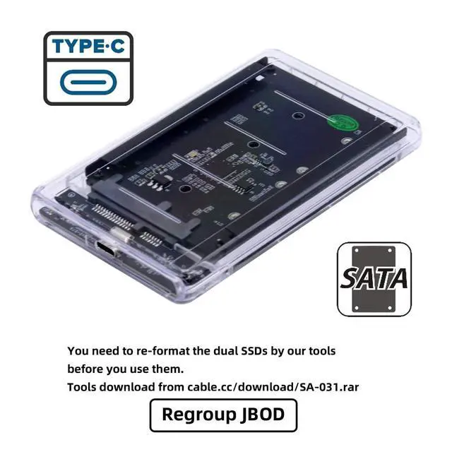 Alt view image 6 of 7 - Dual MSATA Mini-SATA SSD Card JOBD Raid0 Span Bridge to USB3.0 Type-C USB-C 2.5inch SATA Combo Enclosure