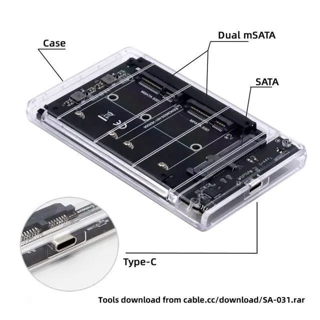 Alt view image 5 of 7 - Dual MSATA Mini-SATA SSD Card JOBD Raid0 Span Bridge to USB3.0 Type-C USB-C 2.5inch SATA Combo Enclosure