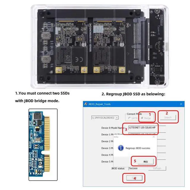 Alt view image 7 of 7 - Dual MSATA Mini-SATA SSD Card JOBD Raid0 Span Bridge to USB3.0 Type-C USB-C 2.5inch SATA Combo Enclosure