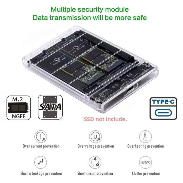 Alt view image 2 of 7 - Dual NGFF B+M-Key M.2 SSD Card JOBD Raid0 Span Bridge to USB3.0 Type-C USB-C 2.5inch SATA Combo Enclosure