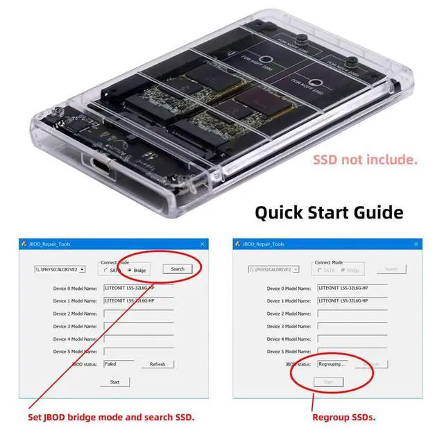 Alt view image 4 of 7 - Dual NGFF B+M-Key M.2 SSD Card JOBD Raid0 Span Bridge to USB3.0 Type-C USB-C 2.5inch SATA Combo Enclosure