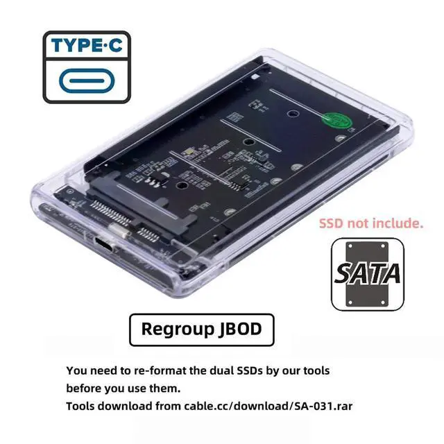 Alt view image 5 of 7 - Dual NGFF B+M-Key M.2 SSD Card JOBD Raid0 Span Bridge to USB3.0 Type-C USB-C 2.5inch SATA Combo Enclosure