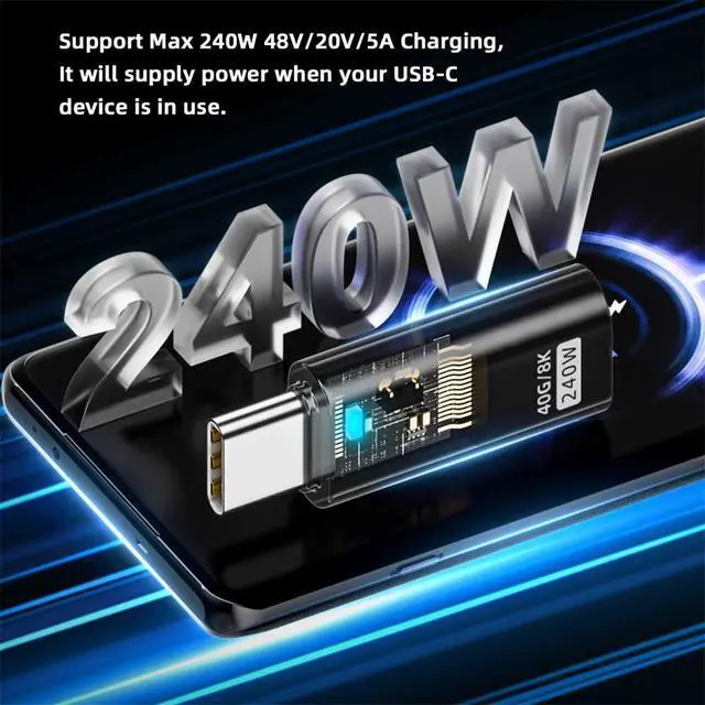 Alt view image 3 of 7 - Transparent LED USB4 Type C Male to Female Extension 240W Power 40Gbps Data 8K Video Adapter for Phone Laptop