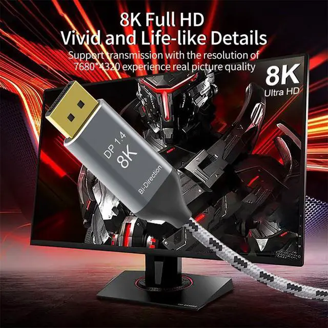 Alt view image 4 of 7 - Reversible 8K@60hz HDTV Cable DisplayPort DP Source to USB 3.1 Type C USB-C Displays Male for Laptop Monitor 1.8m