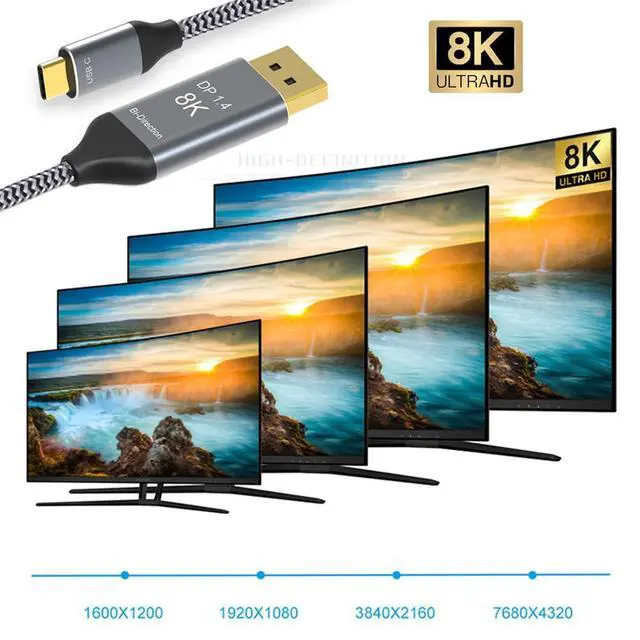Alt view image 7 of 7 - Reversible 8K@60hz HDTV Cable DisplayPort DP Source to USB 3.1 Type C USB-C Displays Male for Laptop Monitor 1.8m