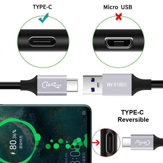 Alt view image 7 of 7 - 10Gbps USB 3.1 Type C Male to USB3.0 Type A Male Data Power Cable 5V3A for Laptop Phone Disk (100cm)