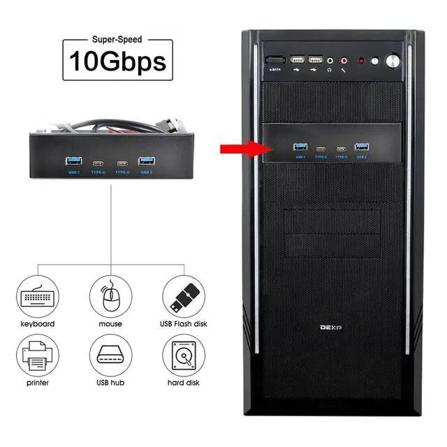 Alt view image 6 of 7 - 10Gbps USB 3.1 Type-A & Type-C HUB 4 Ports Front Panel to Motherboard Type-E Connector Cable 10Gbps for 5.25" CD-ROM Bay Tray