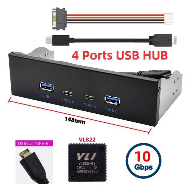 Alt view image 7 of 7 - 10Gbps USB 3.1 Type-A & Type-C HUB 4 Ports Front Panel to Motherboard Type-E Connector Cable 10Gbps for 5.25" CD-ROM Bay Tray