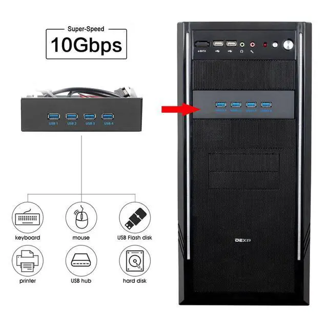 Alt view image 5 of 7 - 10Gbps USB 3.1 Type-A HUB 4 Ports Front Panel to Motherboard Type-E Connector Cable 10Gbps for 5.25" CD-ROM Bay Tray