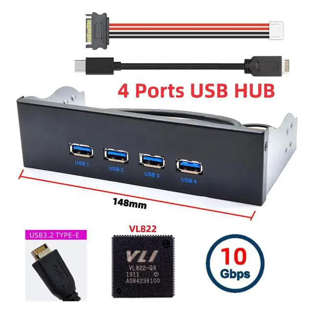 Alt view image 7 of 7 - 10Gbps USB 3.1 Type-A HUB 4 Ports Front Panel to Motherboard Type-E Connector Cable 10Gbps for 5.25" CD-ROM Bay Tray