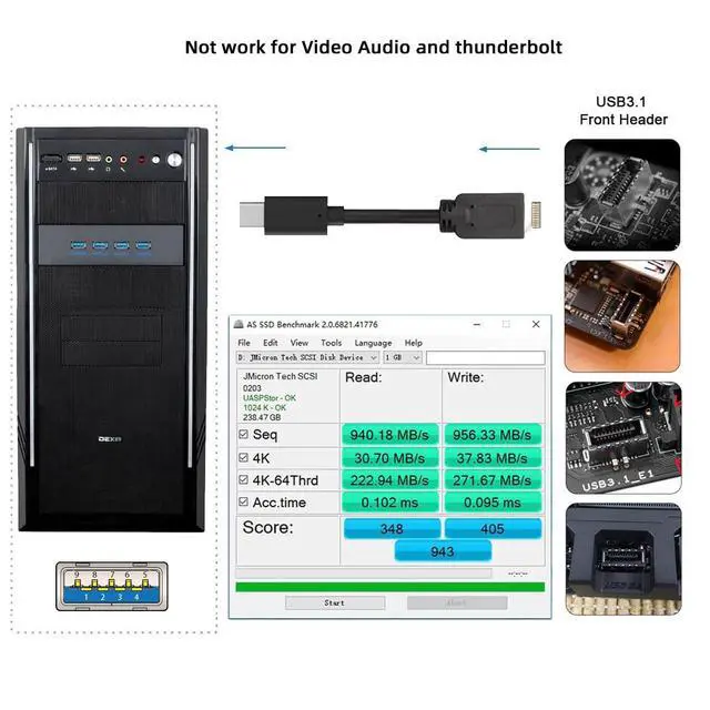 Alt view image 6 of 7 - 10Gbps USB 3.1 Type-A HUB 4 Ports Front Panel to Motherboard Type-E Connector Cable 10Gbps for 5.25" CD-ROM Bay Tray