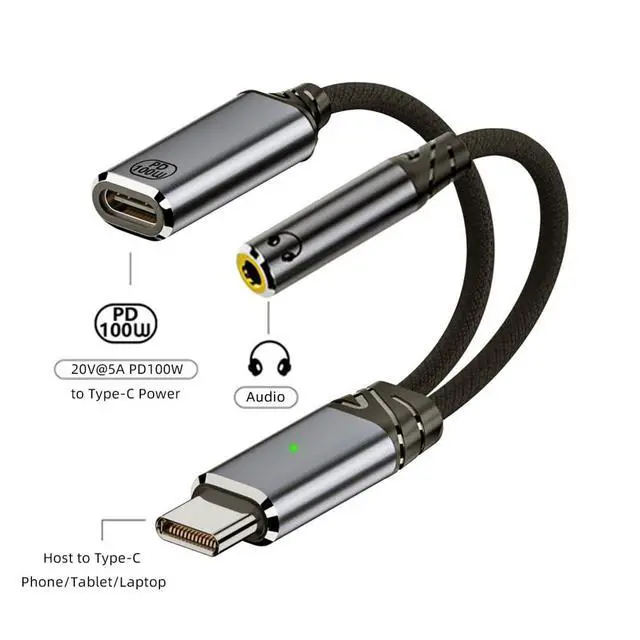 Alt view image 2 of 7 - USB-C Type-C Male to 3.5mm Female Audio DAC AUX Music 16bit 48kHz & 100W PD Power Cable for Laptop Tablet Phone