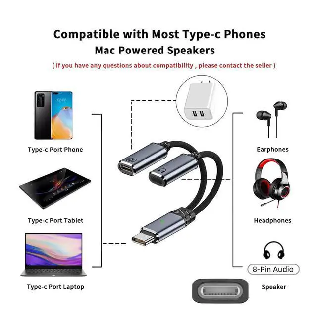 Alt view image 7 of 7 - USB-C Type-C Male to 8P Female Audio DAC AUX Music 16bit 48kHz & 100W PD Power Cable for Laptop Tablet Phone