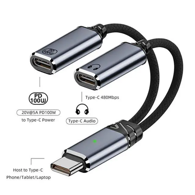 Alt view image 2 of 7 - USB-C Type-C Male to Dual Female Audio DAC AUX Music 16bit 48kHz & 100W PD Power Cable for Laptop Tablet Phone