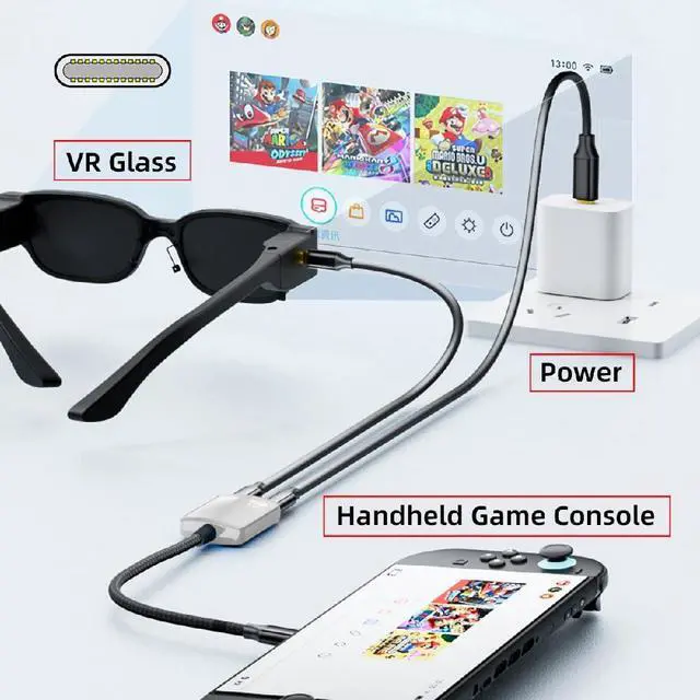 Alt view image 3 of 7 - USB-C Type-C 1-to-2 VR AR Glass 8K Video OTG USB-C Female 100W PD Power Cable White for NS Handheld Console Laptop Tablet Phone