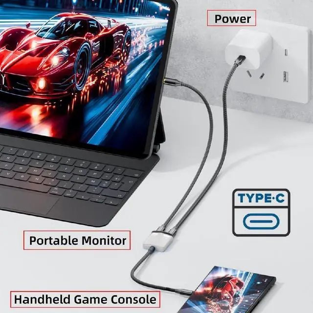 Alt view image 4 of 7 - USB-C Type-C 1-to-2 VR AR Glass 8K Video OTG USB-C Female 100W PD Power Cable White for NS Handheld Console Laptop Tablet Phone