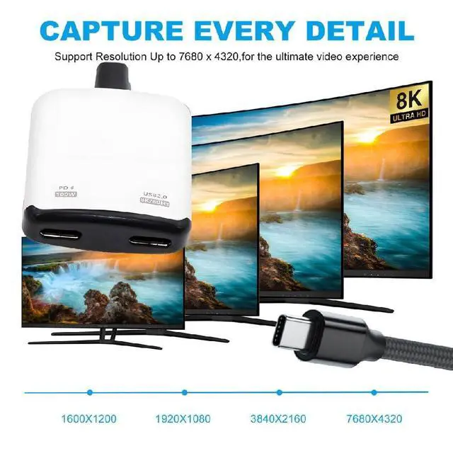 Alt view image 6 of 7 - USB-C Type-C 1-to-2 VR AR Glass 8K Video OTG USB-C Female 100W PD Power Cable White for NS Handheld Console Laptop Tablet Phone