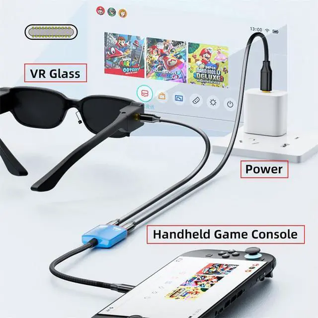 Alt view image 2 of 7 - USB-C Type-C 1-to-2 VR AR Glass OTG 8K Video USB-C Female 100W PD Power Cable for NS Handheld Console Laptop Tablet Phone