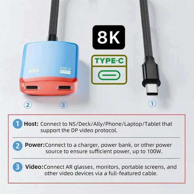 Alt view image 7 of 7 - USB-C Type-C 1-to-2 VR AR Glass OTG 8K Video USB-C Female 100W PD Power Cable for NS Handheld Console Laptop Tablet Phone