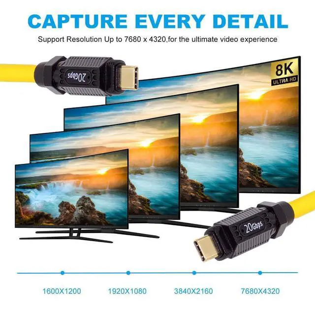 Alt view image 3 of 7 - 20Gbps 140W USB4 Stretch Coiled USB-C Cable 8K for Gaming Keyboard Mouse Type-C Male to Male Cable Power & Data 180CM Yellow
