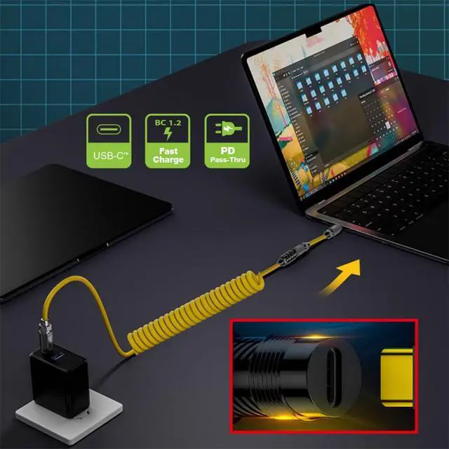 Alt view image 7 of 7 - 20Gbps 140W USB4 Stretch Coiled USB-C Cable 8K for Gaming Keyboard Mouse Type-C Male to Female Cable Power & Data 180CM Yellow