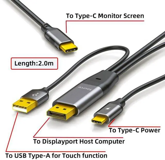 Alt view image 3 of 7 - 4K Displayport Source to Type C USB-C Touch Screen Displays Male 4K HDTV Cable for Laptop Monitor 2.0m