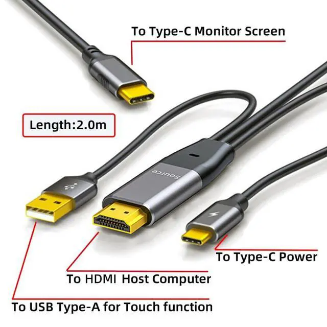 Alt view image 3 of 7 - HDMI to USB C Cable 4k@60hz with USB Power Supply Support Touch Display for Host Connected to Portable Screen/VR Glasses 6.56FT/2.0M