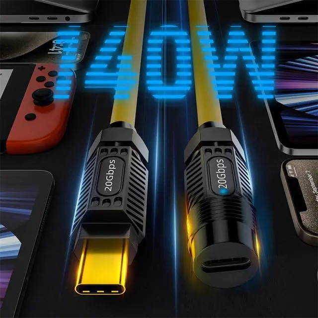 Alt view image 4 of 7 - 20Gbps 140W USB4 Stretch Coiled USB-C Cable 8K for Gaming Keyboard Mouse Type-C Male to Female Cable Power & Data 180CM Yellow