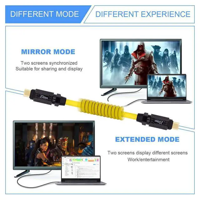 Alt view image 6 of 7 - Stretch Coiled USB-C USB4 Cable 20Gbps 140W 8K for Gaming Keyboard Mouse Type-C Male to Male Cable Power & Data