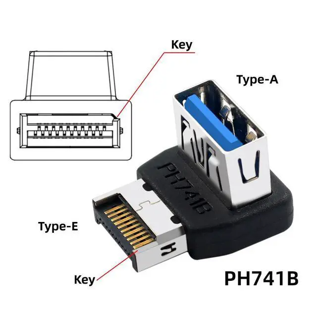 Alt view image 4 of 7 - USB 3.1 Front Panel Header Male Type-E to Type-A USB3.0 Female Data Adapter Down Angled 90 Degree for Motherboard