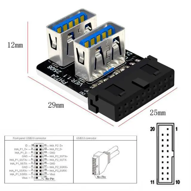 Alt view image 3 of 7 - USB3.0 Motherboard 19/20pin Box Header Slot to 10Gbps Dual USB 3.0 Type-A Adapter Forward Angled Vertical Type