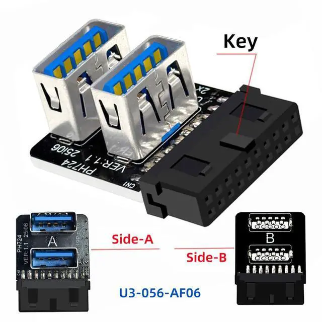 Alt view image 2 of 7 - USB3.0 Motherboard 19/20pin Box Header Slot to 10Gbps Dual USB 3.0 Type-A Adapter Forward Angled Vertical Type