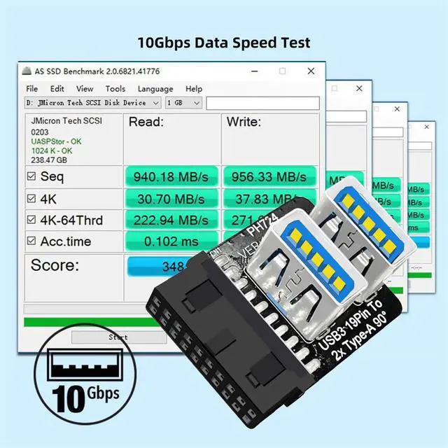 Alt view image 4 of 7 - USB3.0 Motherboard 19/20pin Box Header Slot to 10Gbps Dual USB 3.0 Type-A Adapter Forward Angled Vertical Type