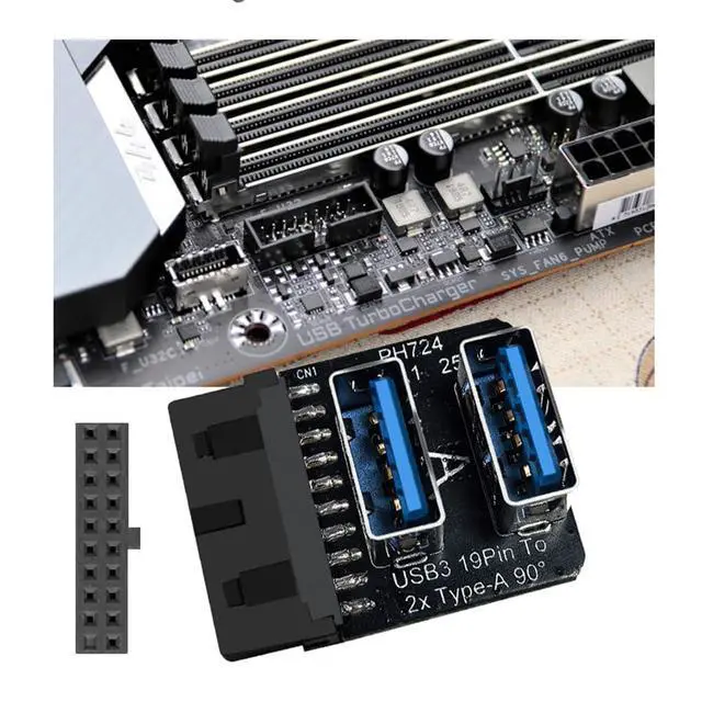 Alt view image 6 of 7 - USB3.0 Motherboard 19/20pin Box Header Slot to 10Gbps Dual USB 3.0 Type-A Adapter Forward Angled Vertical Type
