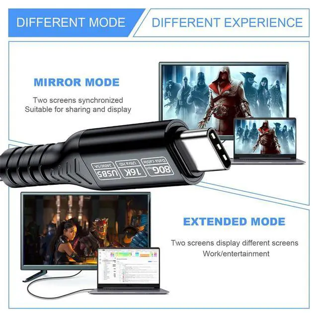 Alt view image 2 of 6 - 240W USB5.0 80Gbps USB-C Male to Male Cable Compatible with USB4.0 Thunderbolt3/4/5 6K@30hz 8K@60Hz 5K@60Hz 200CM