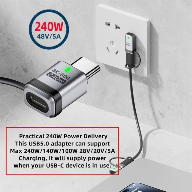 Alt view image 2 of 7 - Adapter 90 Degree USB5.0 80Gbps Male to Female Straight Extension Adapter with Lanyard Keychain 240W 16K 8K 5K Compatible with USB4.0 Thunderbolt3/4/5