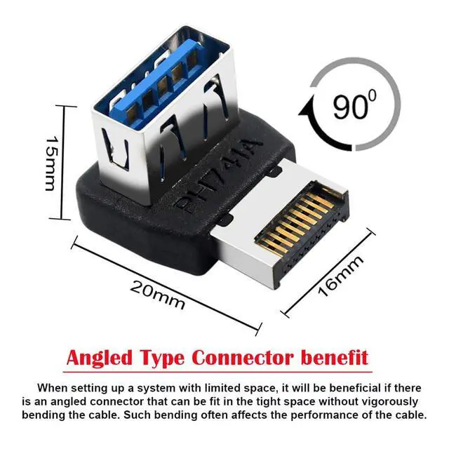 Alt view image 3 of 7 - USB 3.1 Front Panel Header Male Type-E to Type-A USB3.0 Female Data Adapter Up Angled 90 Degree for Motherboard