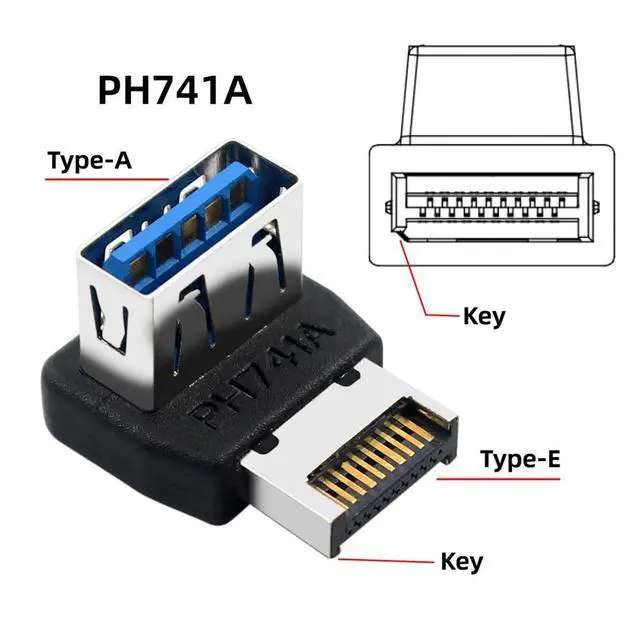 Alt view image 4 of 7 - USB 3.1 Front Panel Header Male Type-E to Type-A USB3.0 Female Data Adapter Up Angled 90 Degree for Motherboard