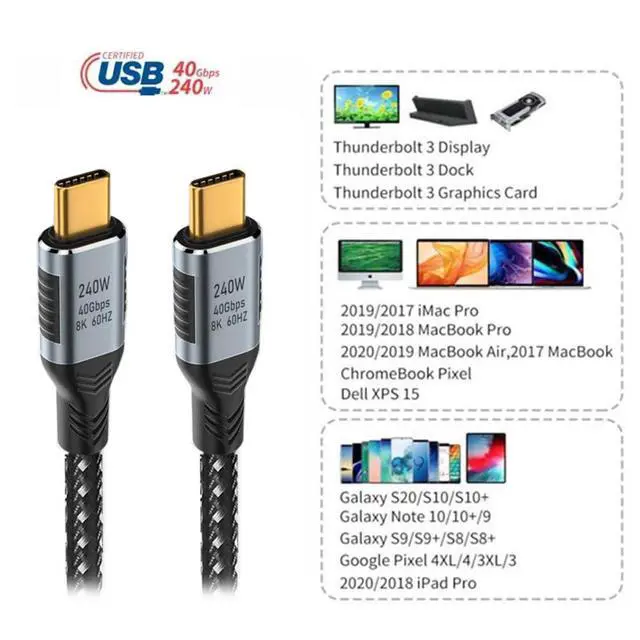 Alt view image 5 of 7 - USB-C 240W USB4 Cable 40Gbps USB3.1 100W 8K@60Hz 5K USB4.0 Compatible with Thunderbolt3/4 180CM