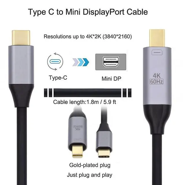 Alt view image 4 of 7 - USB 3.1 Type C USB-C Source to Mini DisplayPort DP Displays Male 4K Monitor Cable for Laptop 1.8m
