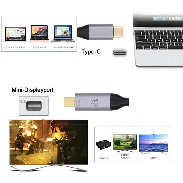 Alt view image 5 of 7 - USB 3.1 Type C USB-C Source to Mini DisplayPort DP Displays Male 4K Monitor Cable for Laptop 1.8m