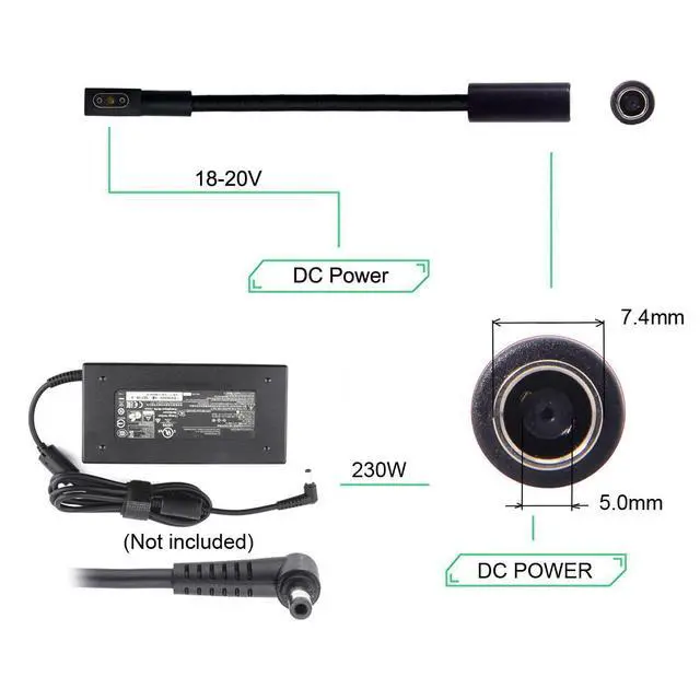 Alt view image 2 of 7 - DC Jack 7.4 * 5.0mm Input to 3Pin Plug Cable Compatible for Laptop Blade Pro 17 and Blade 15 Model Support 230W/160W Charge Adapter