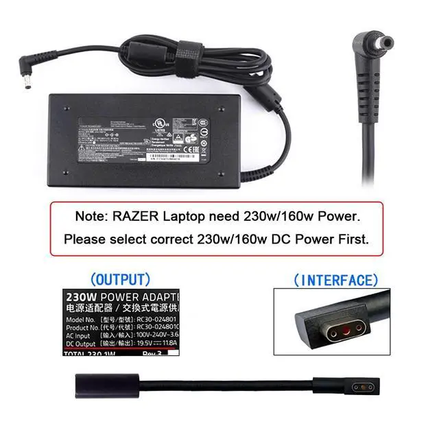 Alt view image 7 of 7 - DC Jack 5.5 * 2.5mm Input to 3Pin Power Plug Cable Compatible for Laptop Blade Pro 17 and Razer Blade 15 Model GTX1060/GTX1070/RTX2070/RTX2080Support 230W/160W Charge Adapter