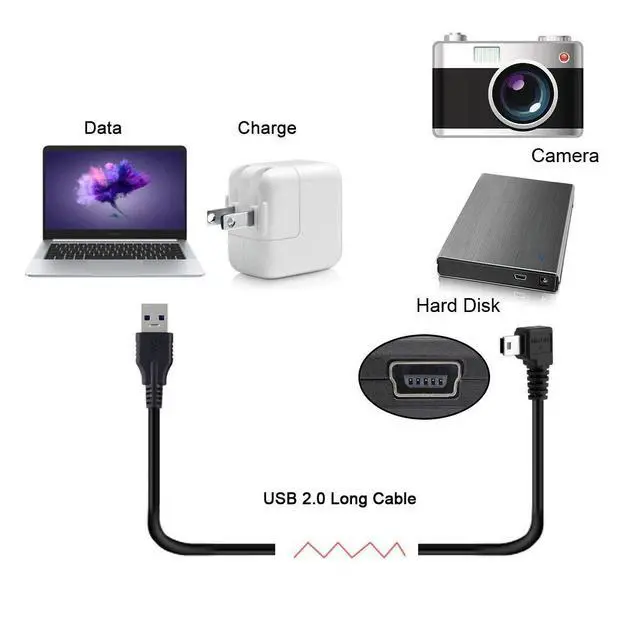 Alt view image 4 of 7 - Mini USB B Type 5pin Male Left Angled 90 Degree to USB 2.0 Male Data Cable 5 Meters with EMI Ferrite Core
