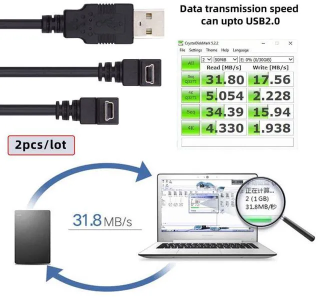 Alt view image 3 of 7 - 2pcs/Set 5pin Mini USB B Type Male Down & Up Angled 90 Degree to USB 2.0 Male Power Data Cable 50cm