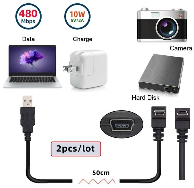 Alt view image 7 of 7 - 2pcs/Set 5pin Mini USB B Type Male Down & Up Angled 90 Degree to USB 2.0 Male Power Data Cable 50cm